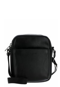 Borsa a tracolla nera in pelle con texture liscia, forma rettangolare, chiusura con zip e tasca frontale con logo. Incluso un cinturino regolabile.