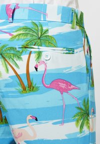 Shorts bleu clair avec un motif tropical de flamants roses et de palmiers verts. Comprend une poche arrière avec un bouton de fermeture.