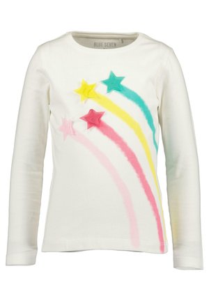Camicia bianca a maniche lunghe con motivi colorati di stelle cadenti in turchese, giallo, rosa e rosso sul davanti.