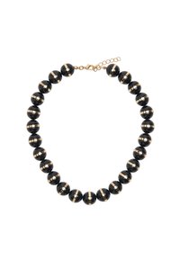 Naszyjnik z czarnych koralików o gładkim wykończeniu, z naprzemiennymi złotymi akcentami i zapięciem na łańcuszek. Okręgi ułożone w jednolity wzór.