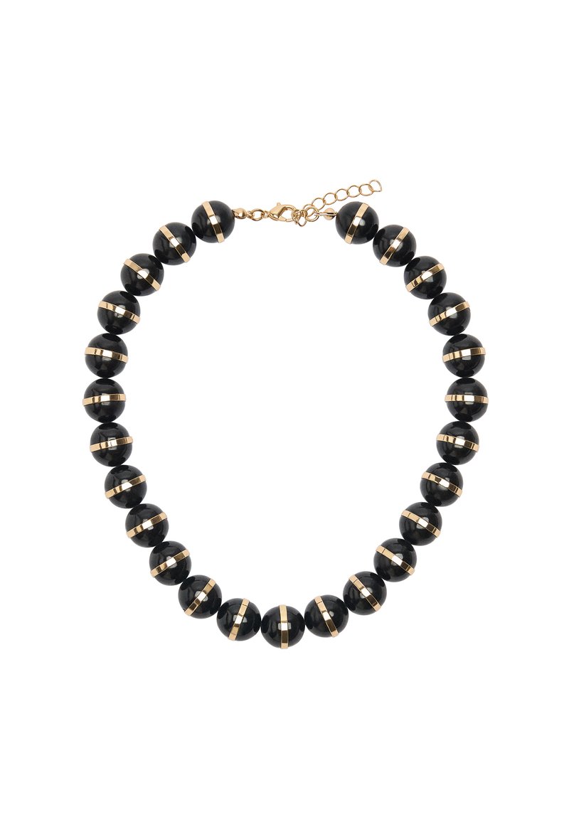Naszyjnik z czarnych koralików o gładkim wykończeniu, z naprzemiennymi złotymi akcentami i zapięciem na łańcuszek. Okręgi ułożone w jednolity wzór.