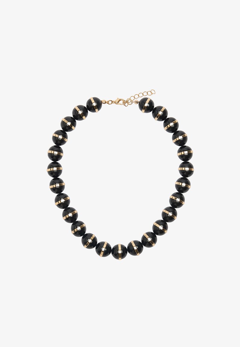 Naszyjnik z czarnych koralików o gładkim wykończeniu, z naprzemiennymi złotymi akcentami i zapięciem na łańcuszek. Okręgi ułożone w jednolity wzór.
