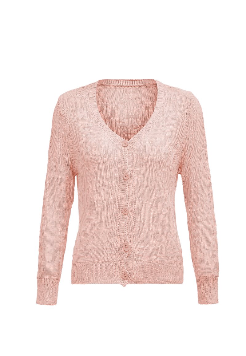 Helles rosa Cardigan, gestrickte Struktur, V-Ausschnitt, lange Ärmel, Fünf-Knopf-Verschluss mit runden Knöpfen, gerippte Bündchen und Saum.