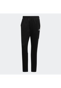 Pantalon de sport noir Adidas avec taille élastique et poches latérales, avec le logo Adidas sur la partie supérieure de la cuisse.