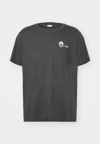 Dark gray short-sleeve t-shirt made of cotton blend, featuring a white graphic logo on the left chest and a classic crew neck design.