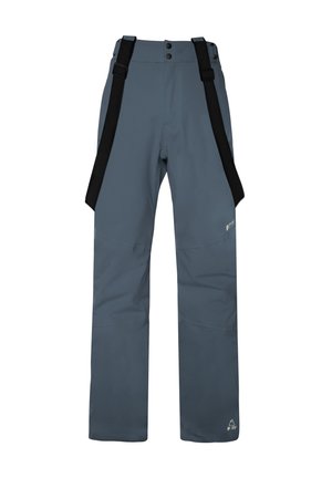 Pantalones impermeables de exterior en color gris, con tirantes ajustables en negro, una cinturilla plana y detalles de logo en la parte inferior de la pierna.