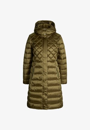 Olijfgroene, gewatteerde pufferjas met een capuchon, voorzien van een ritssluiting aan de voorkant, twee zijzakken en een iets uitlopende snit. Soepele textuur.