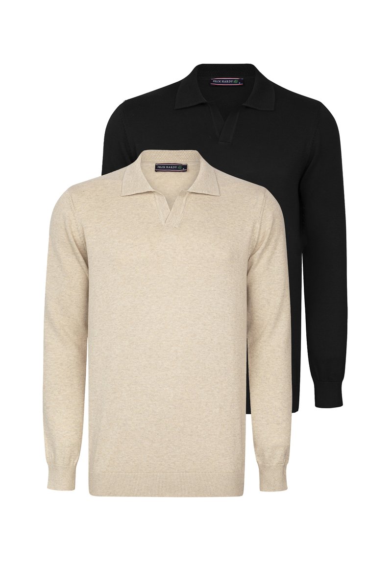 Dos jerseys de polo de manga larga: uno beige con un cuello texturizado, el otro negro. Ambos están hechos de una tela suave y presentan puños y dobladillos acanalados.