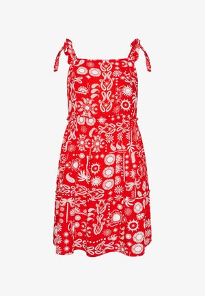 Czerwona sukienka bez rękawów z białymi wzorami kwiatowymi i paisley, z wiązaniami na ramionach i marszczonym pasem.