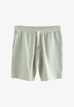 Ribadeeritud lühikesed püksid helesinise ja valge kangaga. Painduva vöökoha ja tõmblukuga, kaks küljetaskut ning pehme ja hingav tekstuur.