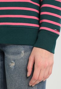 Sudadera a rayas verdes con franjas horizontales rosas; puños acanalados. Llevada sobre vaqueros azules desgastados, mostrando costuras detalladas y roturas.