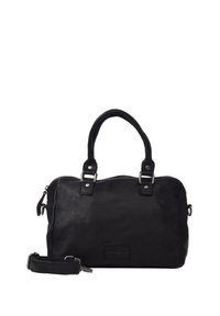 Bolso de cuero negro con asas dobles y correa de hombro desmontable. Presenta herrajes en tono plateado, superficie texturizada y cierre de cremallera.