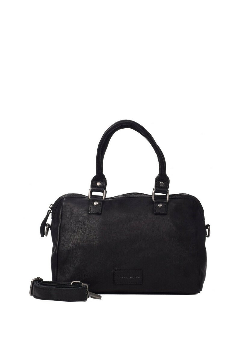 Bolso de cuero negro con asas dobles y correa de hombro desmontable. Presenta herrajes en tono plateado, superficie texturizada y cierre de cremallera.