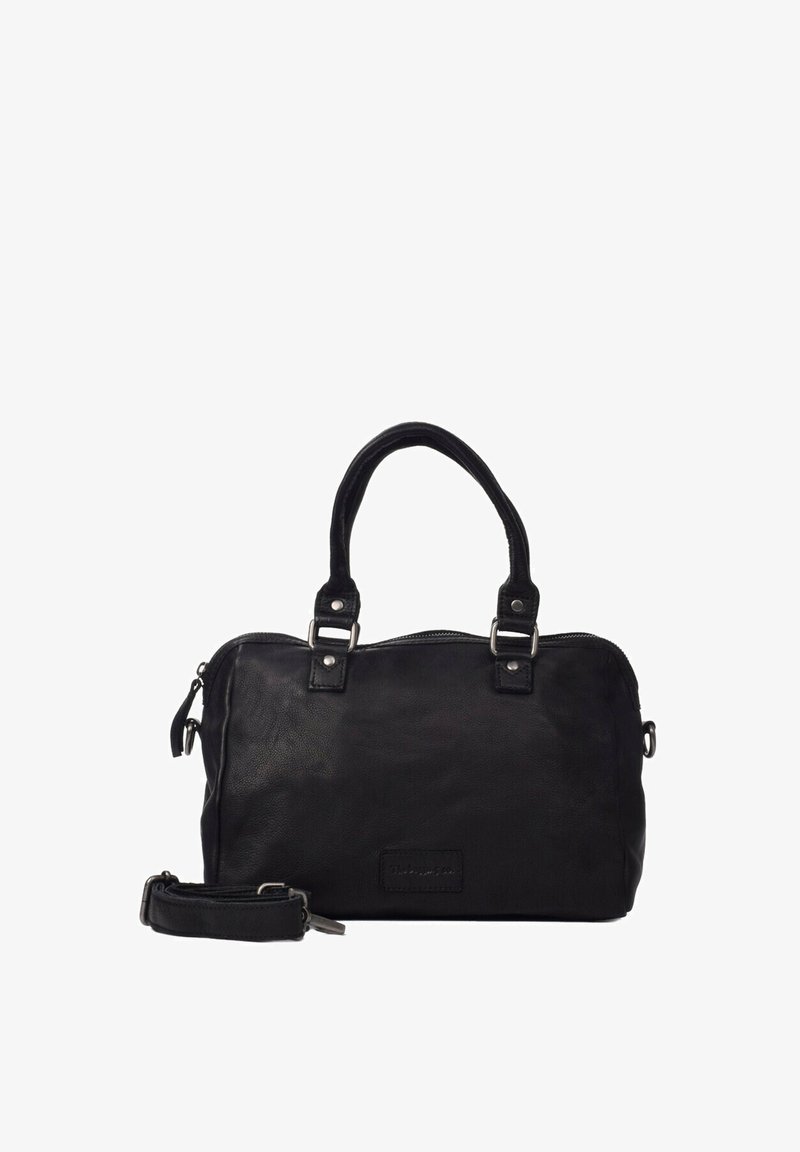 Sac à main en cuir noir avec deux poignées et une bandoulière détachable. Caractéristiques : quincaillerie en ton argent, surface texturée et fermeture éclair.