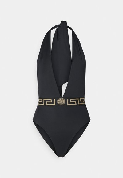 Black halter-neck one-piece swimsuit featuring a plunging neckline and a gold Greek key pattern belt with a Medusa emblem. Smooth texture.