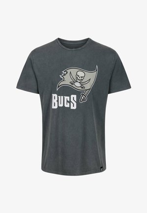 Gray cotton t-shirt featuring a Buccaneers flag graphic with a skull and swords, and "BUCS" text in bold white letters on the front.