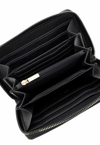 Black leather wallet with multiple card slots, a zippered compartment, and gold-tone hardware detailing along the zipper.