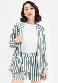 Blazer rayé vert et blanc avec un short assorti. Le blazer a une coupe ajustée, des revers crantés et des poches latérales ; le short présente une fermeture à bouton.