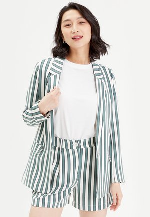Blazer rayé vert et blanc avec un short assorti. Le blazer a une coupe ajustée, des revers crantés et des poches latérales ; le short présente une fermeture à bouton.