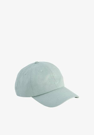 Jasnoszara czapka bejsbolowa z zakrzywionym daszkiem i subtelnym, okrągłym haftowanym napisem na przednim panelu.