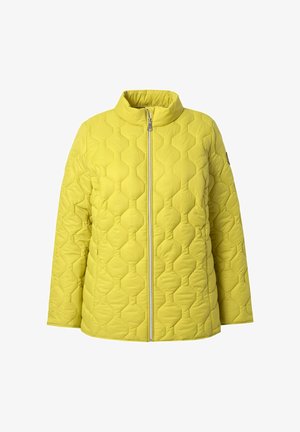 Gelbe gesteppte Jacke mit hohem Kragen und Frontreißverschluss, mit sechseckigem Muster und langen Ärmeln. Weiches, isoliertes Material.