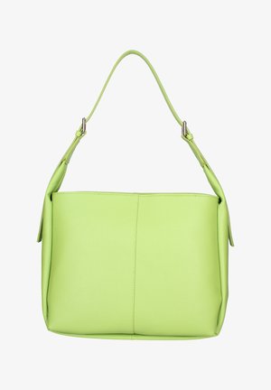 Borsa a tracolla in pelle verde chiaro con una singola tracolla e cuciture visibili al centro frontale, mostrata su sfondo bianco.