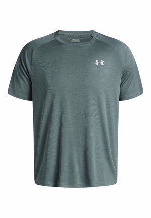 Heren short-sleeve performance t-shirt in teal met een textuurpatroon, ronde hals en logo op de borst. Lichtgewicht, vochtafvoerende stof.