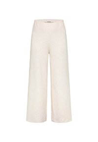 Light beige wide-leg pants made from a soft material. Features a high waistband and straight, flowing silhouette without visible fastenings.