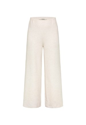 Light beige wide-leg pants made from a soft material. Features a high waistband and straight, flowing silhouette without visible fastenings.