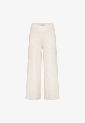 Light beige wide-leg pants made from a soft material. Features a high waistband and straight, flowing silhouette without visible fastenings.