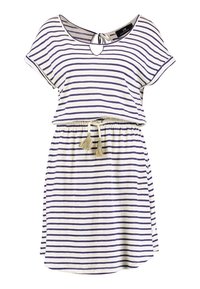 Robe à manches courtes blanche et marine à rayures, avec une taille élastique et un cordon avec pompons, un col en trou de serrure et une coupe décontractée.
