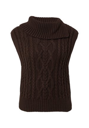Dunkelbrauner ärmelloser Strickpullover mit Kabelmuster, breitem geripptem Rollkragen und geripptem Saum.