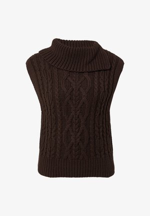 Dark brown sleeveless cable knit sweater vest with wide ribbed turtleneck collar and ribbed hem.