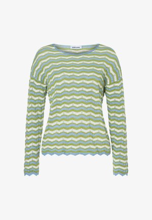 Gebreide trui met lange mouwen, met golvende groene, blauwe en witte horizontale strepen en geschulpte randen aan de mouwen en zoom.