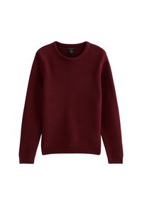 Burgundowa sweter z dzianiny z okrągłym dekoltem, długimi rękawami i ściągaczem u dołu. Teksturowany materiał o klasycznym kroju, bez dodatkowych detali.