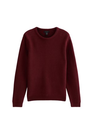 Suéter de punto burdeos con cuello redondo, mangas largas y dobladillo acanalado. Tejido texturizado con un corte clásico y sin detalles adicionales.