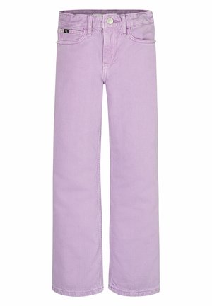 Lilla bredbenede jeans lavet af denim, med knaplukning, forlommer og en glat tekstur. Distinktiv farve med subtile variationer.