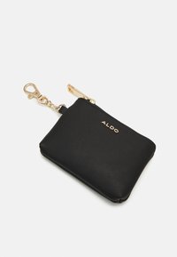 Pochette en cuir noir avec une fermeture éclaire dorée et un crochet snap. Présente le nom de la marque "ALDO" en lettres dorées, texture lisse, forme rectangulaire compacte.