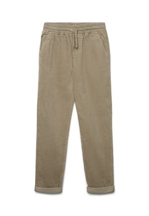 Pantaloni in corduroy beige con vita elastica, lacci, tasche laterali e orli arrotolati, caratterizzati da una texture a righe verticali.