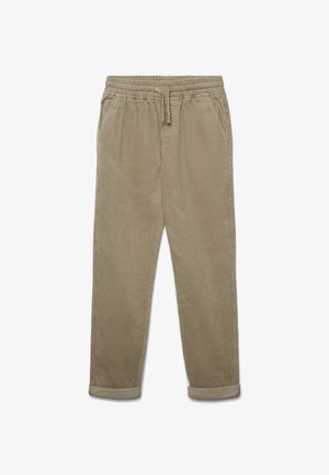 Pantaloni in corduroy beige con vita elastica, lacci, tasche laterali e orli arrotolati, caratterizzati da una texture a righe verticali.