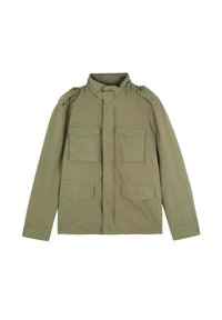 Olive green military-style jacket with a high collar, shoulder epaulets, and four front pockets; made of lightweight fabric with a smooth texture.