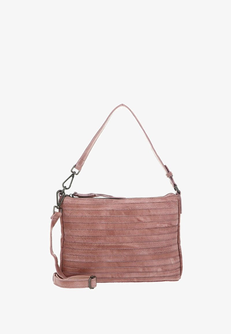 Rectangular, textured pink leather bag with horizontal stripes, short handle, and detachable shoulder strap. Metal zipper and hardware accents.