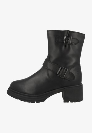 Black leather ankle boot with a chunky heel, featuring two metallic buckles and a smooth finish. Textured sole for traction.
