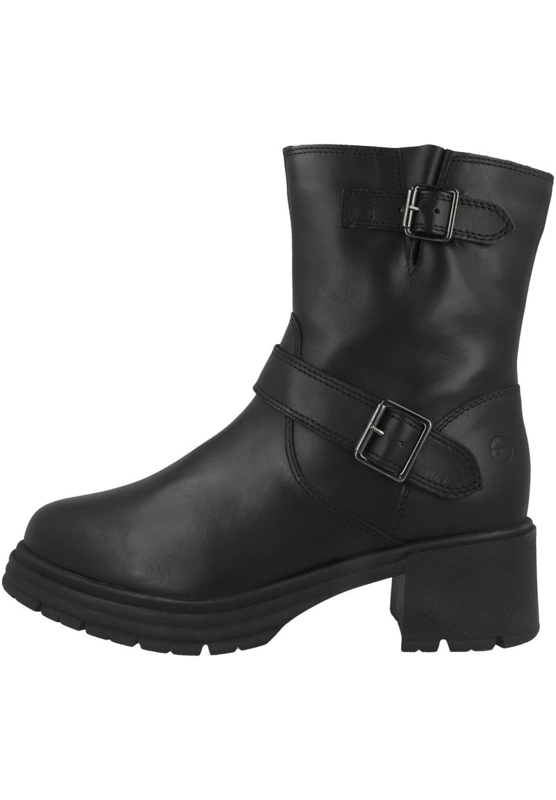 Schwarze Lederstiefelette mit einem klobigen Absatz, ausgestattet mit zwei metallischen Schnallen und einer glatten Oberfläche. Texturierte Sohle für Halt.