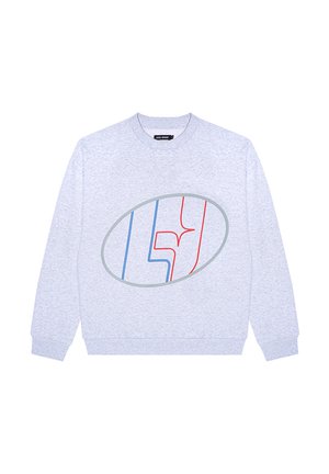 Gray sweatshirt featuring a large oval graphic design with blue and red lines and the number 5. Classic crew neck and ribbed cuffs.
