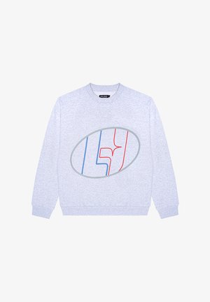 Gray sweatshirt featuring a large oval graphic design with blue and red lines and the number 5. Classic crew neck and ribbed cuffs.