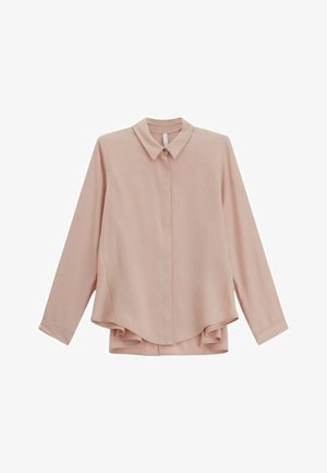 Blusa rosa chiaro a maniche lunghe con colletto e patta con bottoni nascosta, orlo leggermente curvo, mostrata su sfondo bianco.