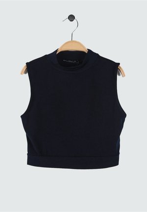 Débardeur court bleu marine en tissu lisse, avec un col montant et sans manches, présenté sur un cintre en bois.