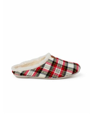 Zapatillas de cuadros con patrones en rojo, negro y blanco, forradas con suave forro polar crema, con suela plana y diseño de punta redonda.