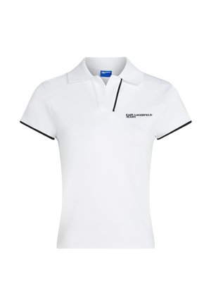 Bela polo majica s kratkimi rokavi s črnim trakom na rokavih in ovratniku, z logotipom "Karl Lagerfeld Jeans" na prsih.